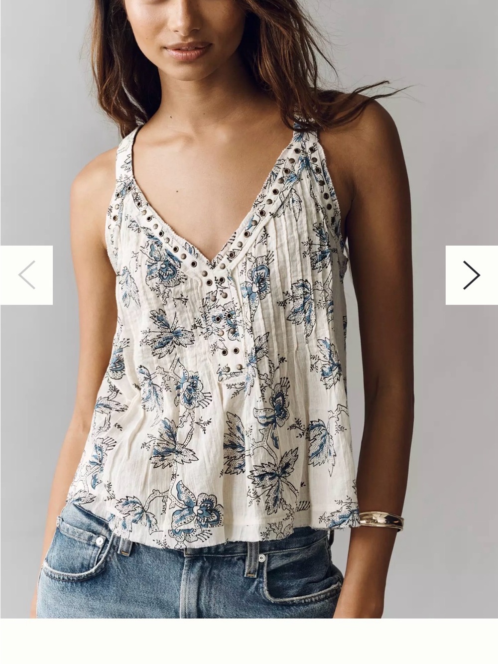 Anthropologie White Tank with Blue Floral Eyelet Detail